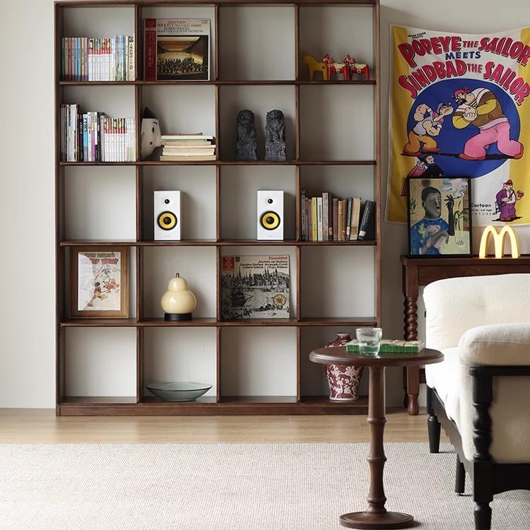 北美黑胡桃木书架一体整墙现代简约实木客厅展示架落地隔断架博古