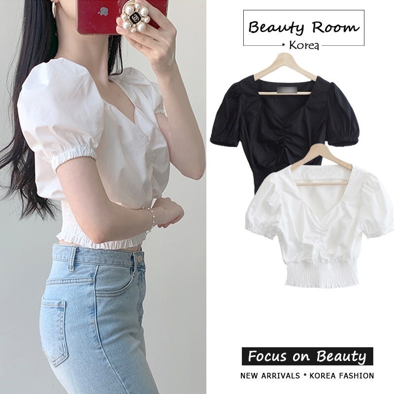 夏韓版修身超短款v領顯胸大泡泡短袖性感洋氣百搭收腰上衣襯衫女在類目 女裝/女士精品, 襯衫中 - 來自Buy2taobao.com提供專業的淘寶代購服務