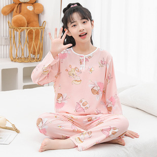 儿童睡衣夏季 宝宝棉绸套装 家居服中大童空调服夏绵绸上衣裤 子 薄款