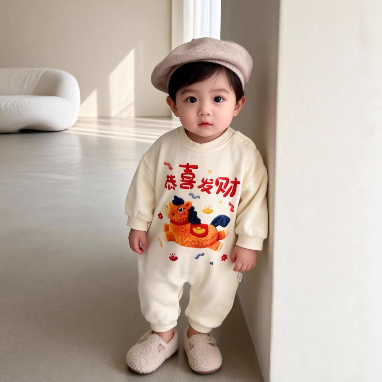 婴儿喜庆连体衣服26春秋装新款纯棉哈衣恭喜发财满月宝宝百天爬服