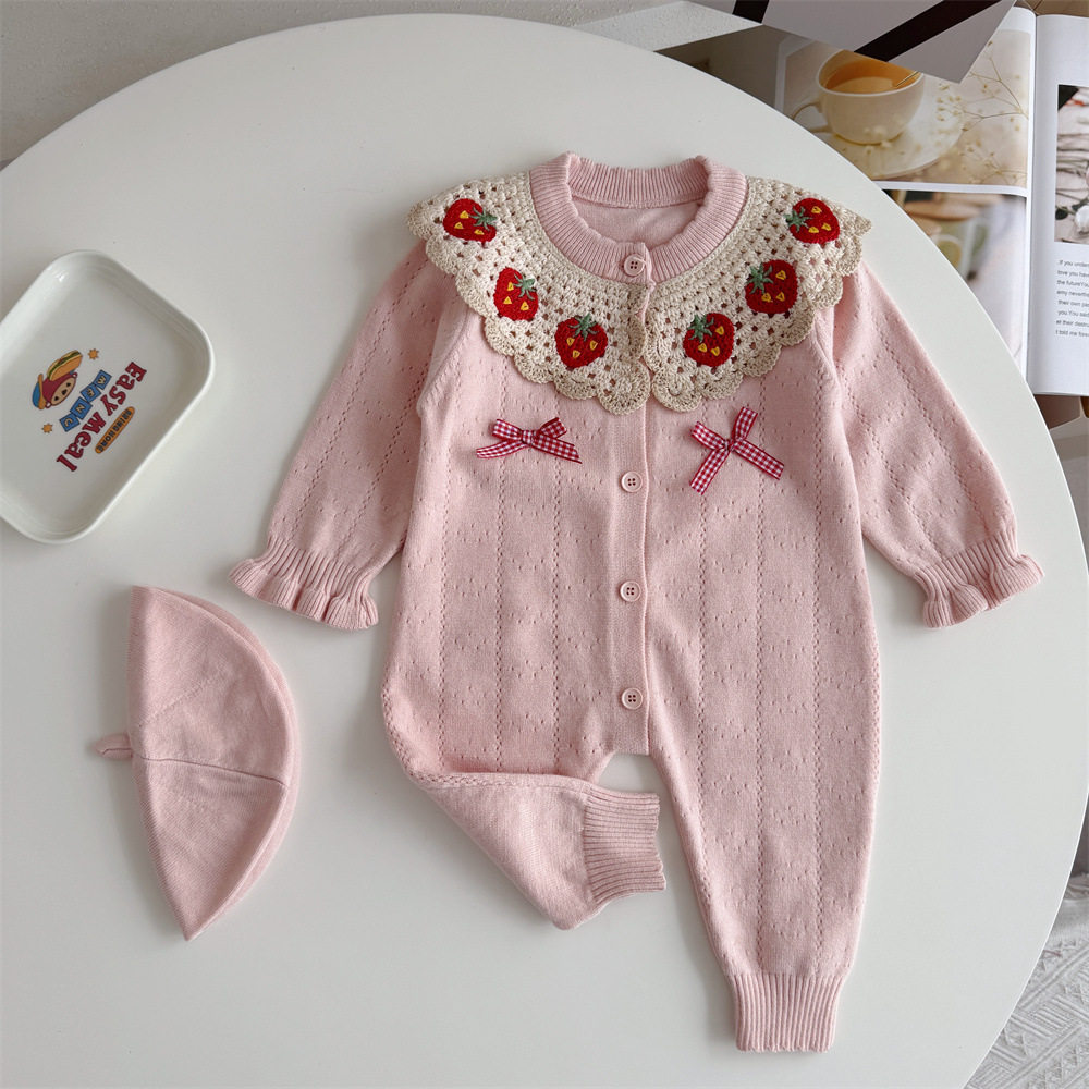 【连体衣+帽子】韩版女宝草莓秋冬针织毛线衣服工厂连身衣外出服