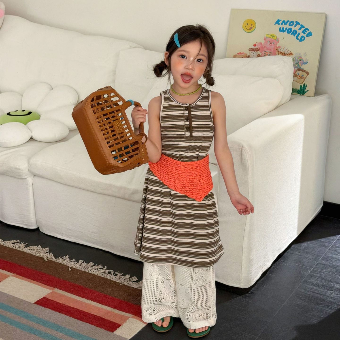 2026夏季新款童装韩版女童条纹长款背心裙无袖连衣裙蕾丝镂空裤子
