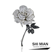 深邃璀璨微镶锆石黑玫瑰花朵胸针女气质奢华西装 大衣胸花别针配饰