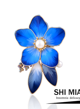 中国非遗蚕丝线绒花蓝色海棠花胸针女送妈妈西装汉服旗袍胸花配饰