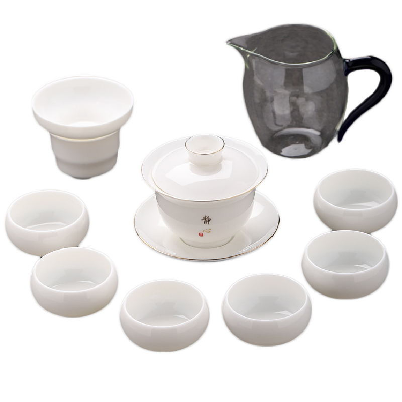 羊脂玉白瓷功夫茶具套装小套家用泡茶盖碗茶杯公道杯办公喝茶茶具