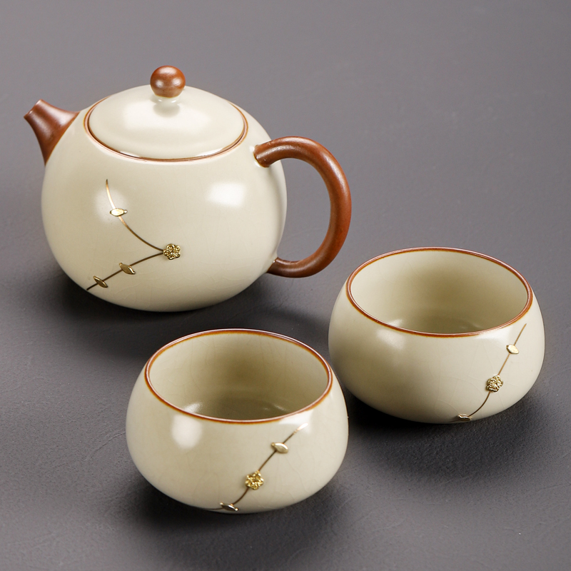 米黄汝窑锯钉西施壶一壶两杯