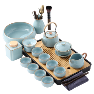 汝窑天青功夫茶具茶壶茶杯家用单个提梁壶盖碗公杯泡茶器工具开片