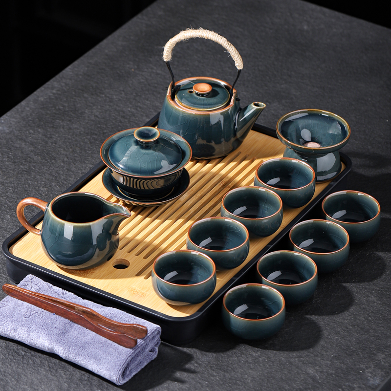 哥窑2023新款功夫茶具套装客厅家用提梁壶盖碗茶杯办公喝茶泡茶器