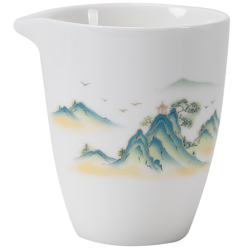 千里江山白瓷公道杯陶瓷分茶器功夫茶具侧把茶海鹰嘴公杯家用中式