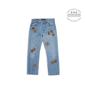 罗志祥 GOTNOFEARS 正品 豹纹皮革星星古著牛仔裤 男女同款