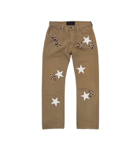 罗志祥GOTNOFEARS正品白+豹纹皮革星星古著牛仔裤 男女同款