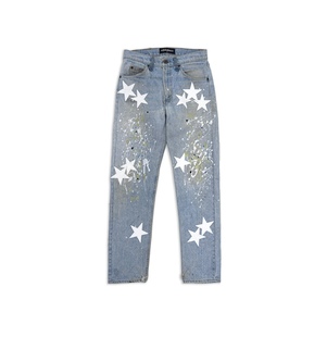 罗志祥GOTNOFEARS正品白色皮革星星古著牛仔裤男女同款