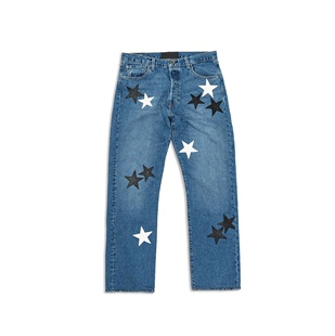 罗志祥GOTNOFEARS正品白+鳄鱼皮皮革星星古著牛仔裤男女同款