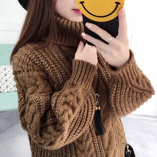 秋冬复古高领打底衫新款时尚灯笼袖宽松粗毛线慵懒风厚毛衣女随性