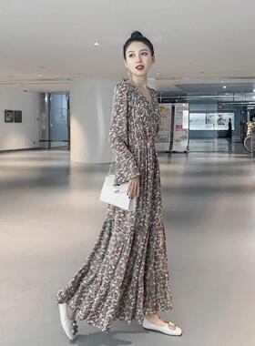 春秋长袖连衣裙小碎花收腰超长裙及到脚踝长款森系淑女裙子时耳套