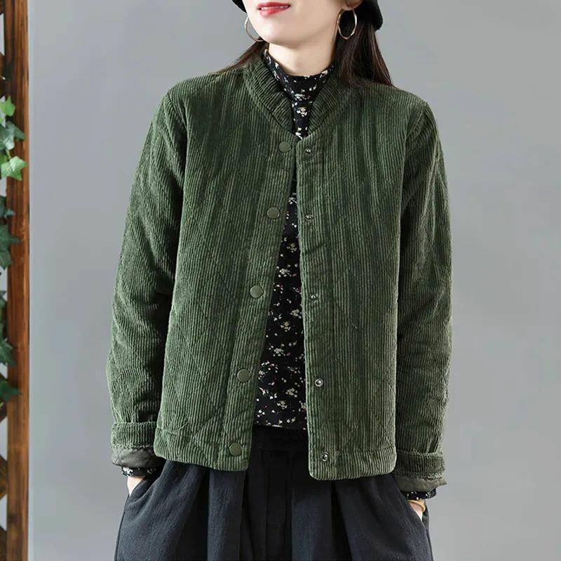 灯芯绒夹棉复古宽松立领秋冬棉服菱形格条绒短款棉外套女潮时尚潮