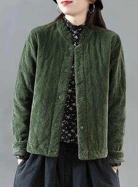 灯芯绒夹棉复古宽松立领秋冬棉服菱形格条绒短款棉外套女潮时尚潮