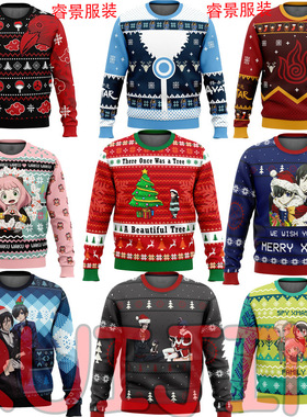 Christmas red printed crew neck hoodie圣诞节红色印花圆领卫衣