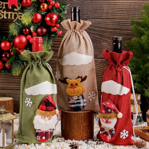 Christmas Linen Santa Doll Wine Bottle Cover圣诞麻布酒瓶套