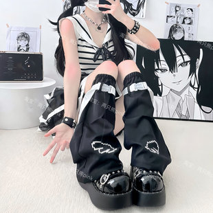 腿套女款夏天y2k暗黑朋克喇叭黑白刺绣轻亚水色中筒堆堆袜套