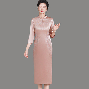 修身 改良长款 旗袍连衣裙女 重工烫钻刺绣新中式 优雅气质立领七分袖