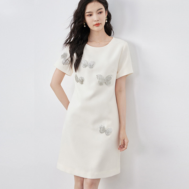 夏季时尚小香风重工蝴蝶结亮片圆领短袖中长款显瘦小个子连衣裙女,女装/女士精品,连衣裙,淘宝优惠券,粉丝福利购,淘宝优惠卷