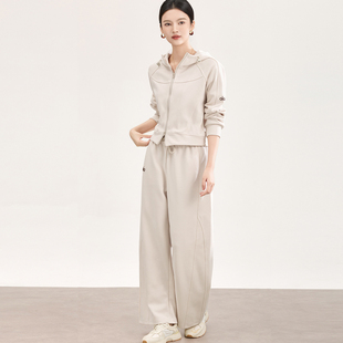 早春新款时尚连帽双拉链卫衣外套+抽绳休闲裤纯色两件套运动装女