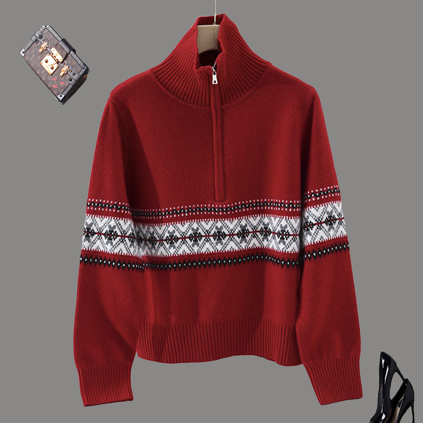 秋冬新款时尚费尔岛风撞色提花半拉链翻领长袖套头针织衫毛衣女,女装/女士精品,毛衣,淘宝优惠券,粉丝福利购,淘宝优惠卷