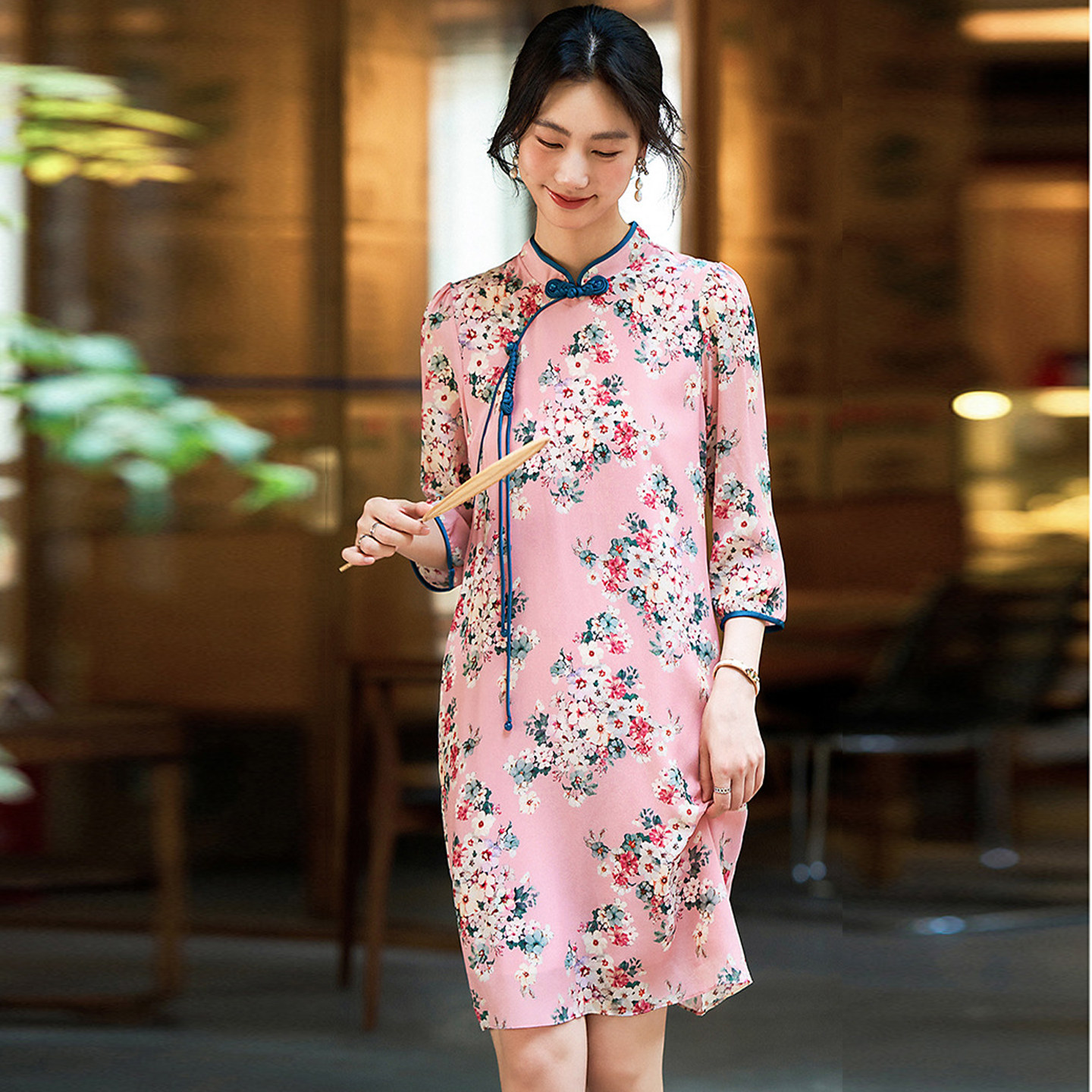 新中式国风立领七分袖流苏盘扣真丝碎花宽松改良旗袍连衣裙桑蚕丝