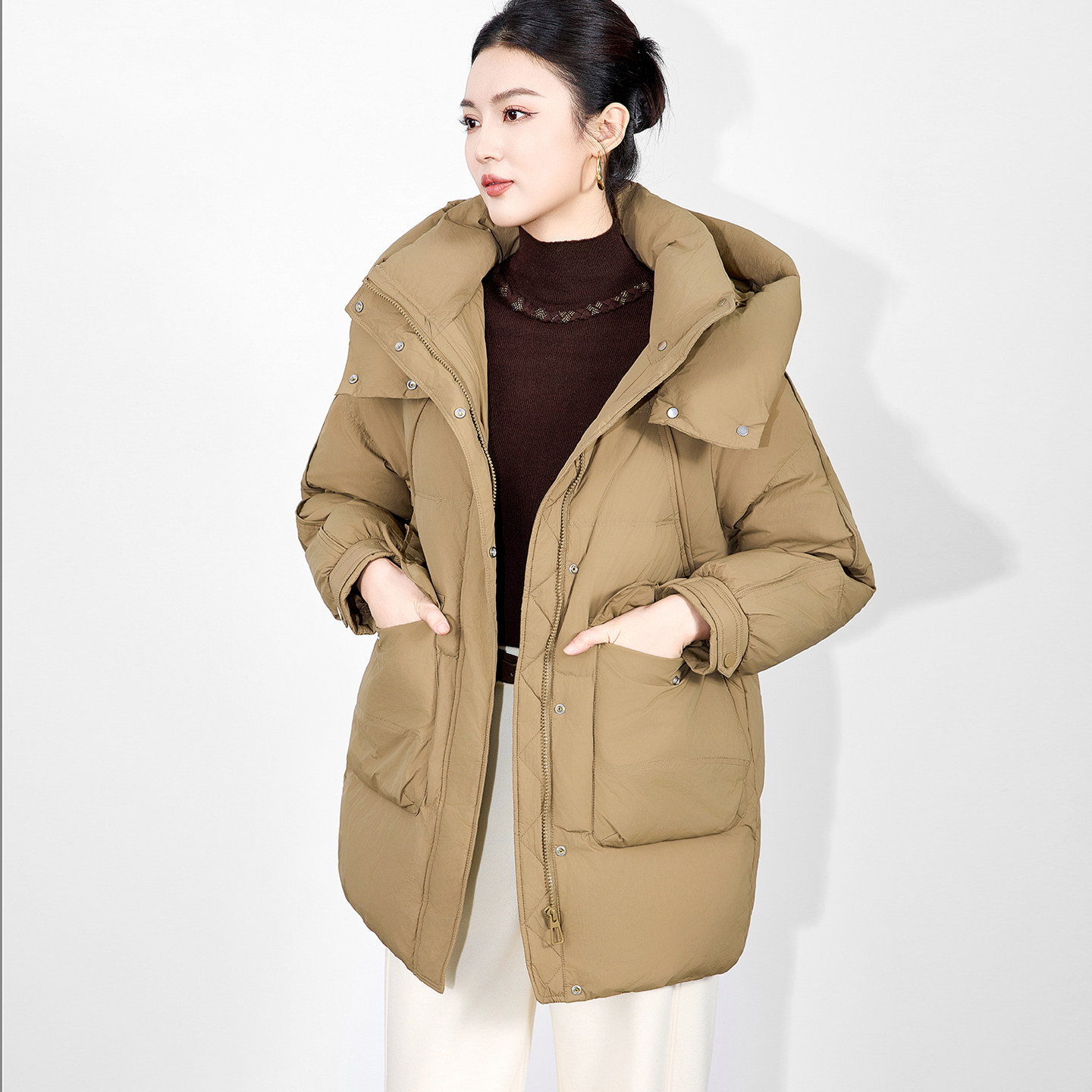 冬装新款连帽立领中长款纯色白鸭绒工装口袋加厚保暖羽绒服外套女