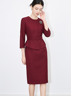 早秋气质通勤OL圆领荷叶下摆假两件修身显瘦安哥拉红包臀连衣裙女