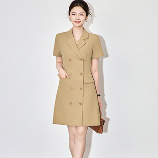 气质通勤西装领短袖双排扣修身显瘦中长款纯色职业白领连衣裙女