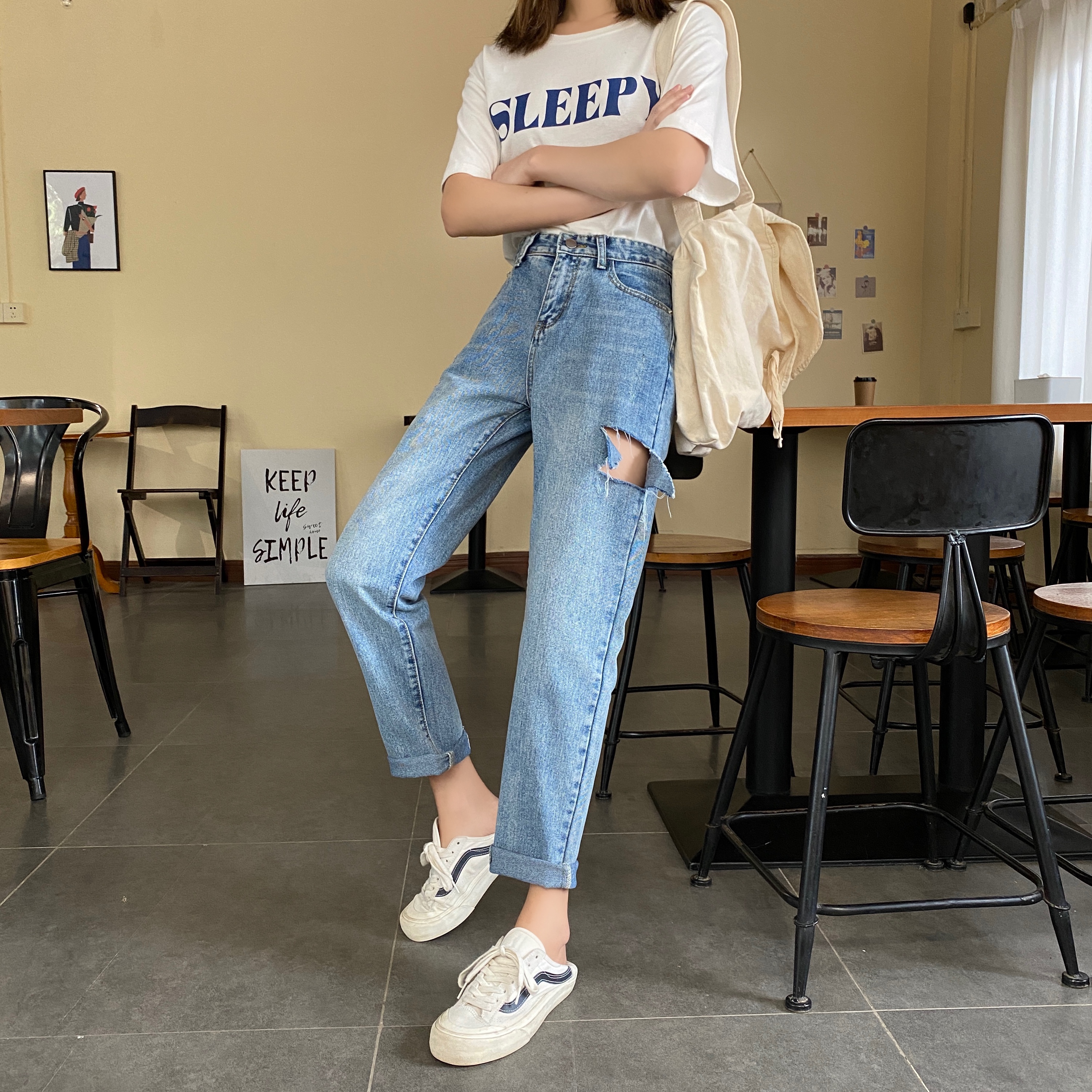 Real shot spring new small high waist thin straight jeans women's loose Korean wide leg pants