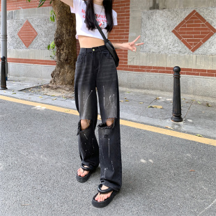 实拍破洞阔腿牛仔裤女夏季2025新款直筒宽松高腰拖地裤乞丐ins潮