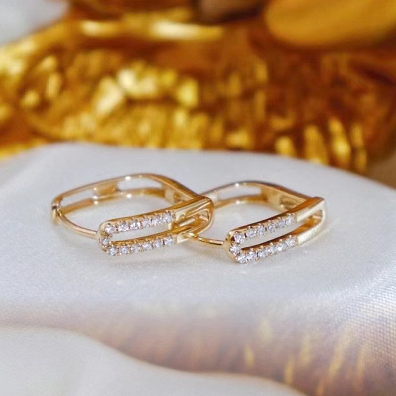 18k金耳扣女 黄金玫瑰金方形15分排钻耳饰 简约珠宝 钻石耳环真钻