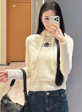 ppq/25新款土星秋款修身连帽针织衫休闲纯棉毛衫设计感温柔上衣女