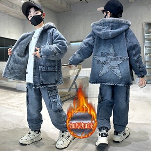 男童牛仔套装儿童加绒加厚保暖潮流时尚风格帅气小男孩小学生童装