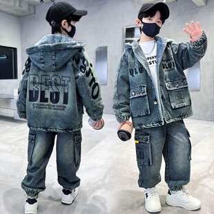 男童加绒牛仔套装新款小中大儿童男孩帅气时髦加厚两件套男宝童装
