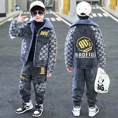 男童冬季套装外套裤子组合儿童加绒加厚保暖时尚风格帅气男孩童装