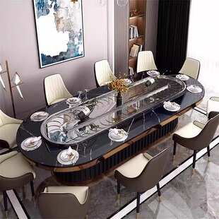 长方形岩板椭圆桌现代简约岩板面餐桌不锈钢传送带椭圆形电动餐桌