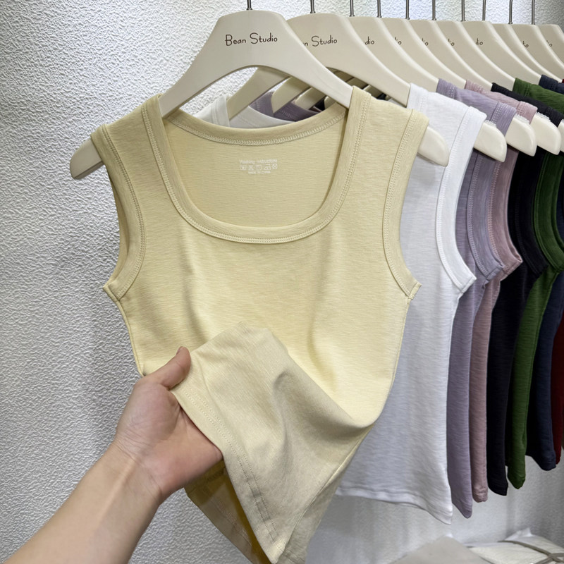 2026夏薄柔软垂感高弹竹节棉露锁骨方领遮副乳背心女修身内搭上衣