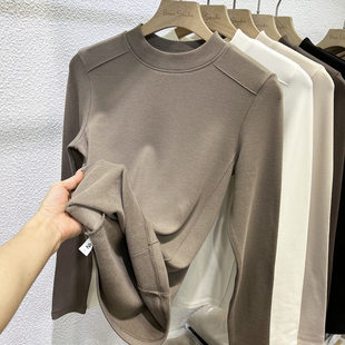 冬百搭半高领打底衫 设计感单面德加厚磨毛薄绒保暖长袖 T恤女修身
