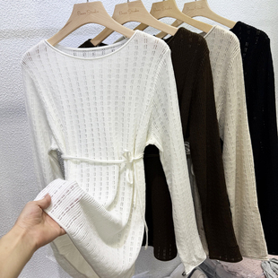 2025秋装新款韩系慵懒风中长款系绳配腰带镂空毛衣针织衫女松弛感