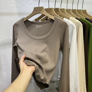 内搭纯色百搭打底衫 T恤女螺纹棉短款 长袖 低圆领纯欲风高弹力修身