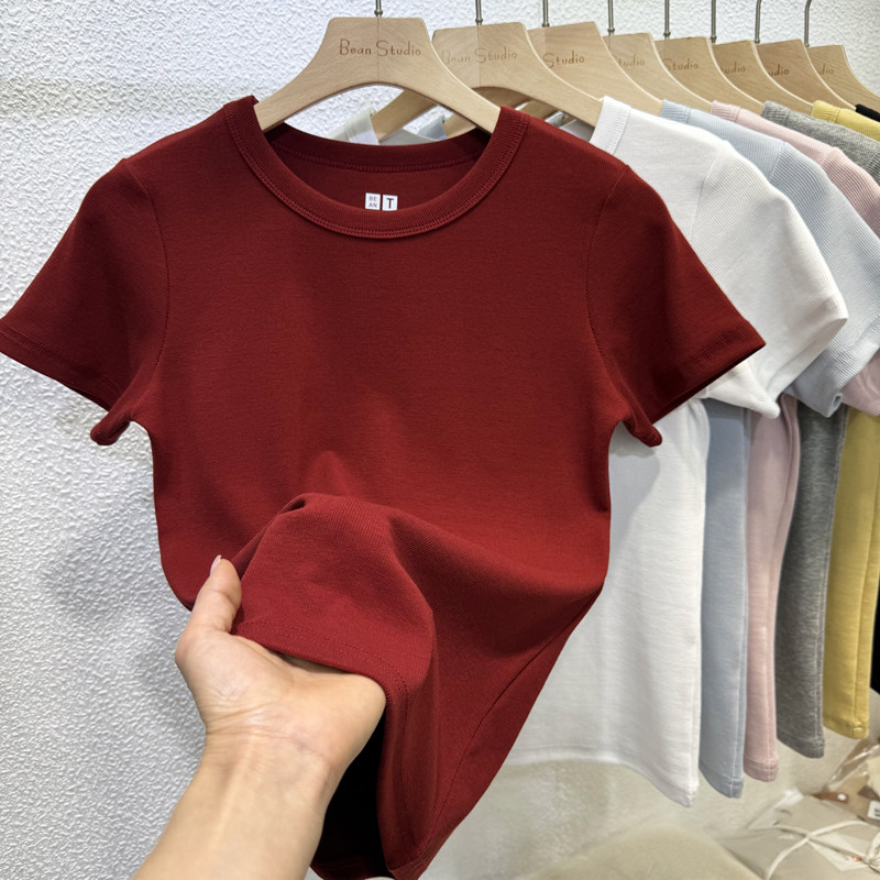 2025夏季正肩修身显瘦韩系小圆领纯色短袖T恤女通勤百搭螺纹上衣,女装/女士精品,T恤,淘宝优惠券,粉丝福利购,淘宝优惠卷