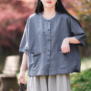 宽松慵懒防晒短外套夏装 4.2新 复古文艺亚麻衬衣女装 大码 空调衫