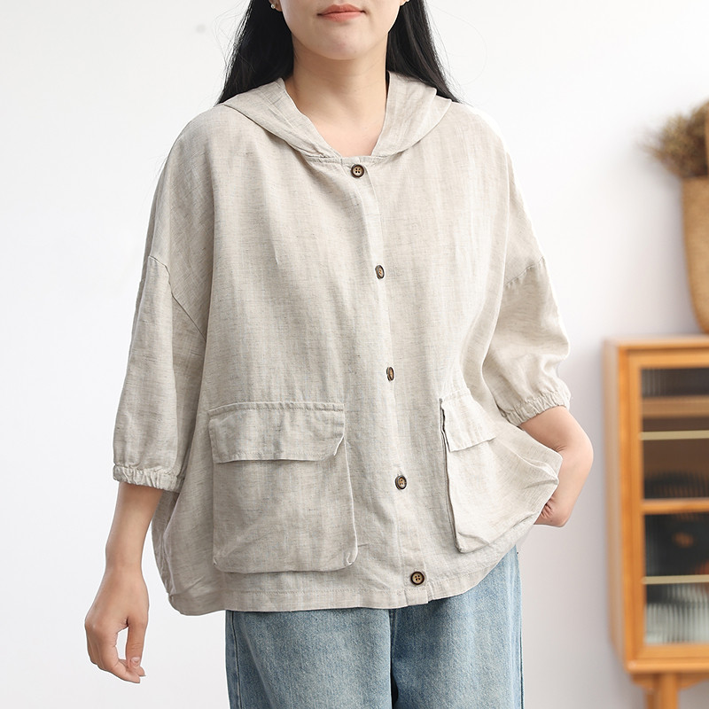 大码连帽纯麻衬衣女七分袖夏装