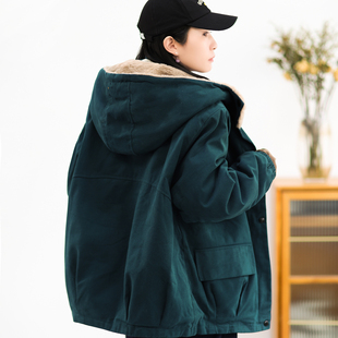 绿素棉连帽加绒派克服女纯棉中长款 棉衣外套冬 加厚保暖宽松大码
