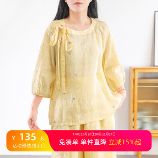 飘逸减龄七分袖 多巴胺 飘带上衣 重工刺绣小花纯苎麻小衫 绿素棉