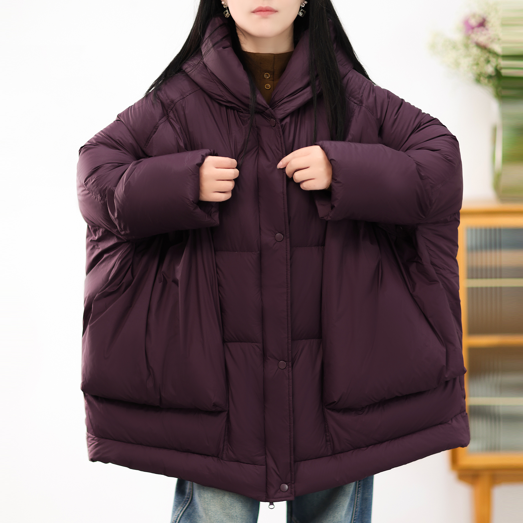 行走羽绒被斗篷大码大口袋羽绒服